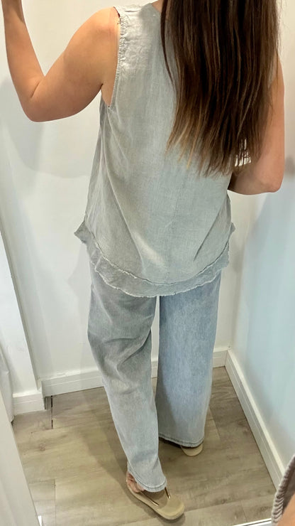 PALE GREY SLEEVELESS LINEN MIX TOP