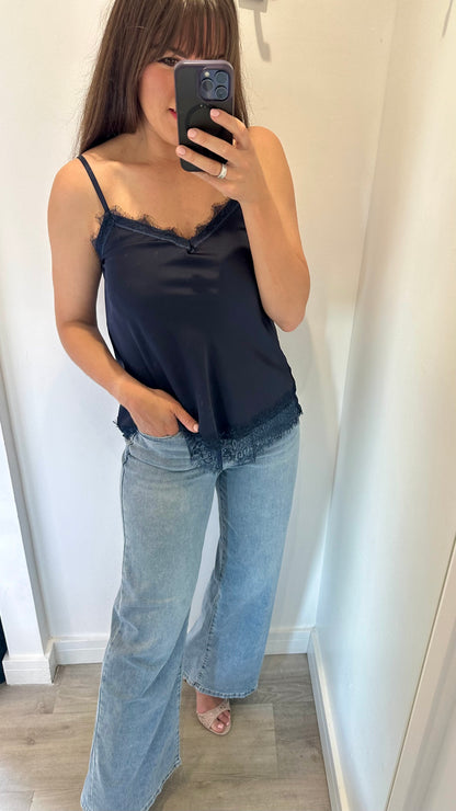 MIDNIGHT BLUE LACE DETAIL SILK CAMI TOP
