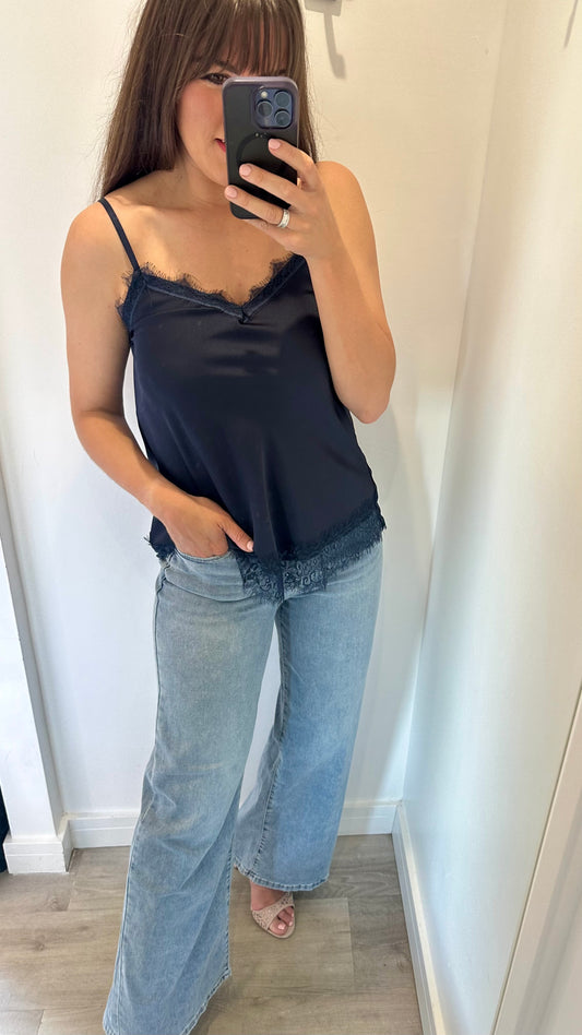MIDNIGHT BLUE LACE DETAIL SILK CAMI TOP