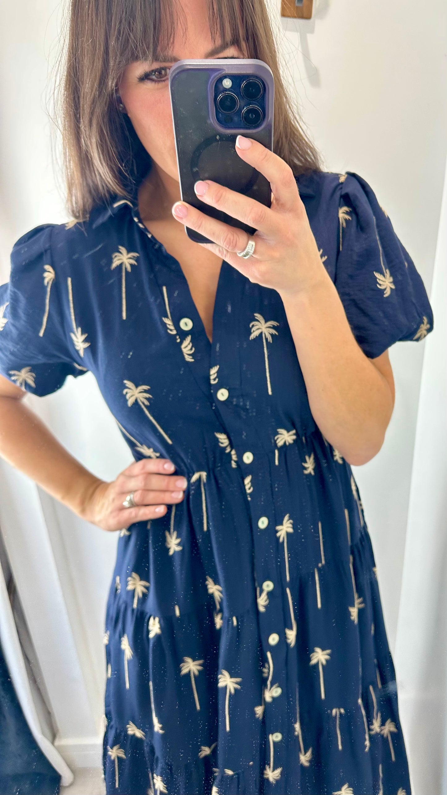 NAVY AND TAN PALM PRINT DRESS