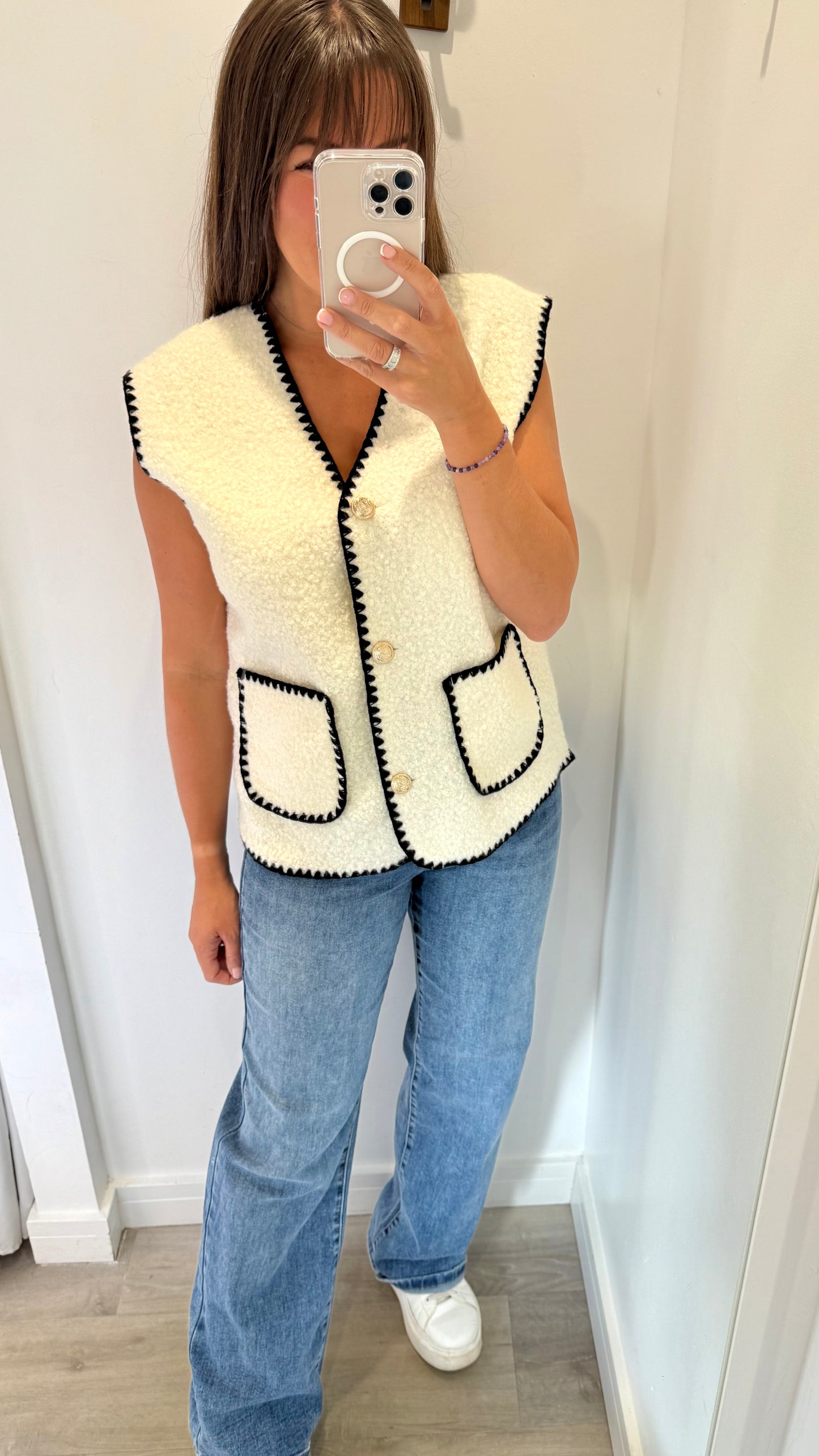 CREAM BOUCLE SLEEVELESS GILET WITH BLACK EDGING