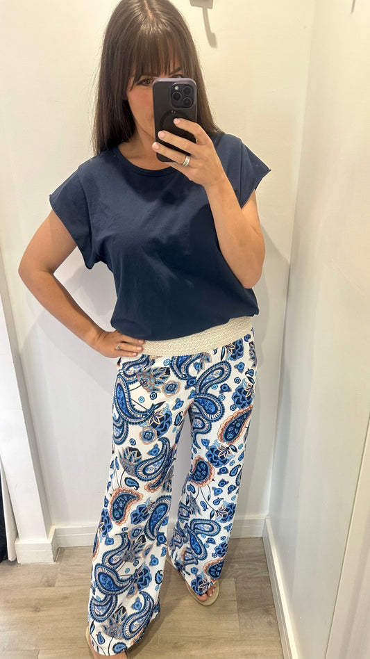 NAVY PAISLEY PRINT TROUSERS
