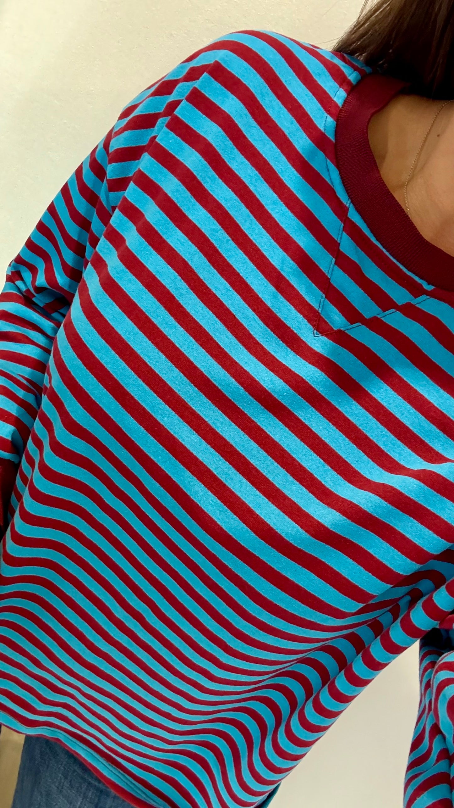 MERLOT AND BLUE STRIPE CREW SWEAT TOP