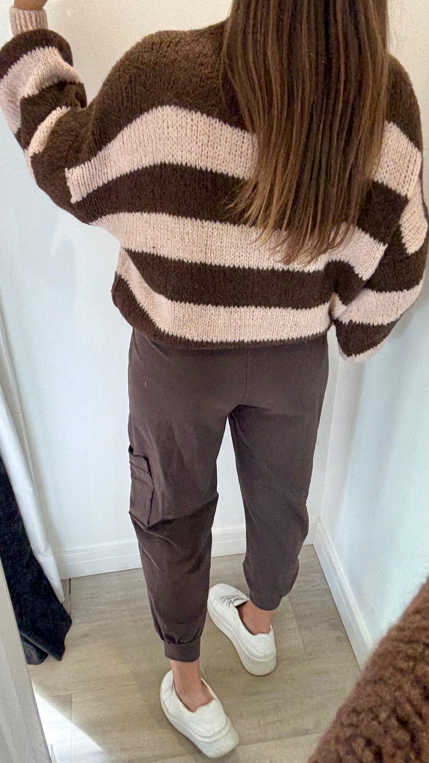 CHOCOLATE AND PALE PINK STRIPE TEXTURED KNIT JUMPER