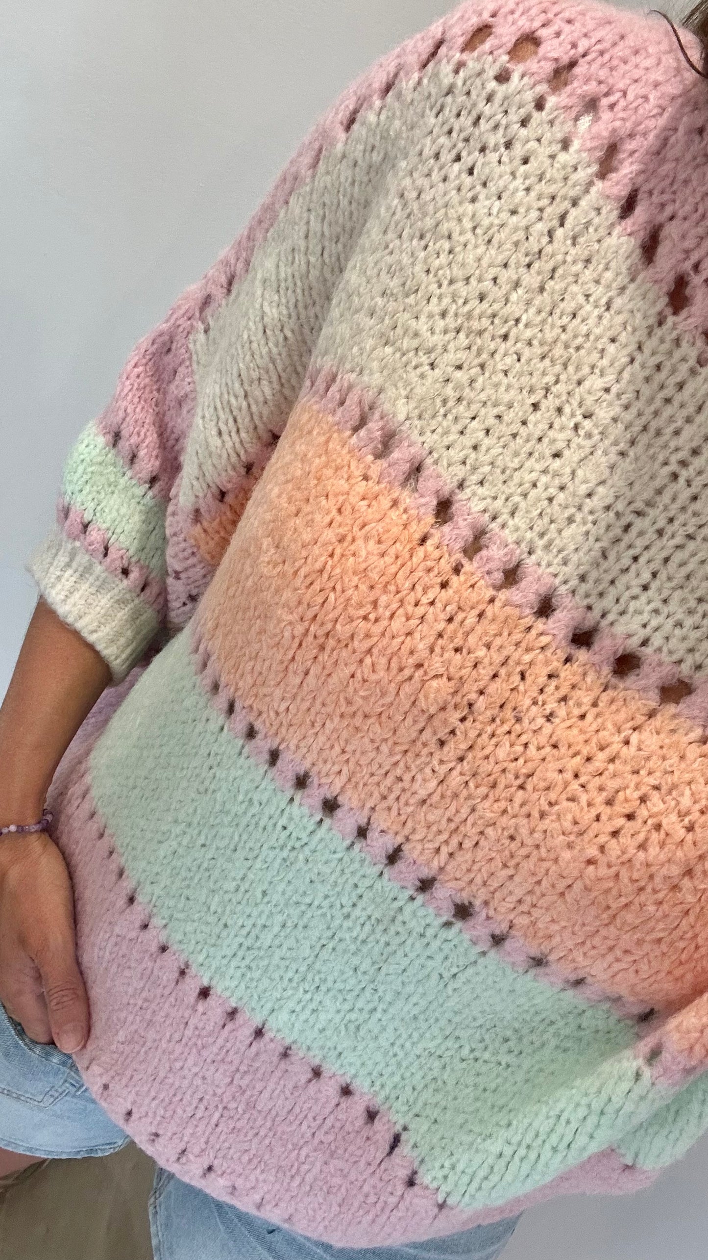 PASTEL COLOUR BLOCK CROCHET STYLE KNIT JUMPER