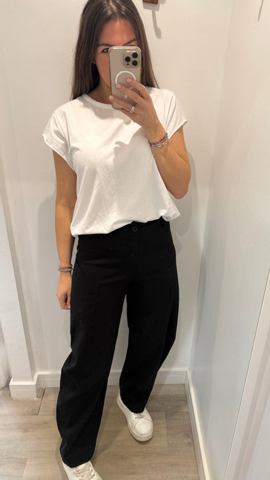 BLACK BUTTON BARREL TROUSERS WITH EXPOSED POCKETS