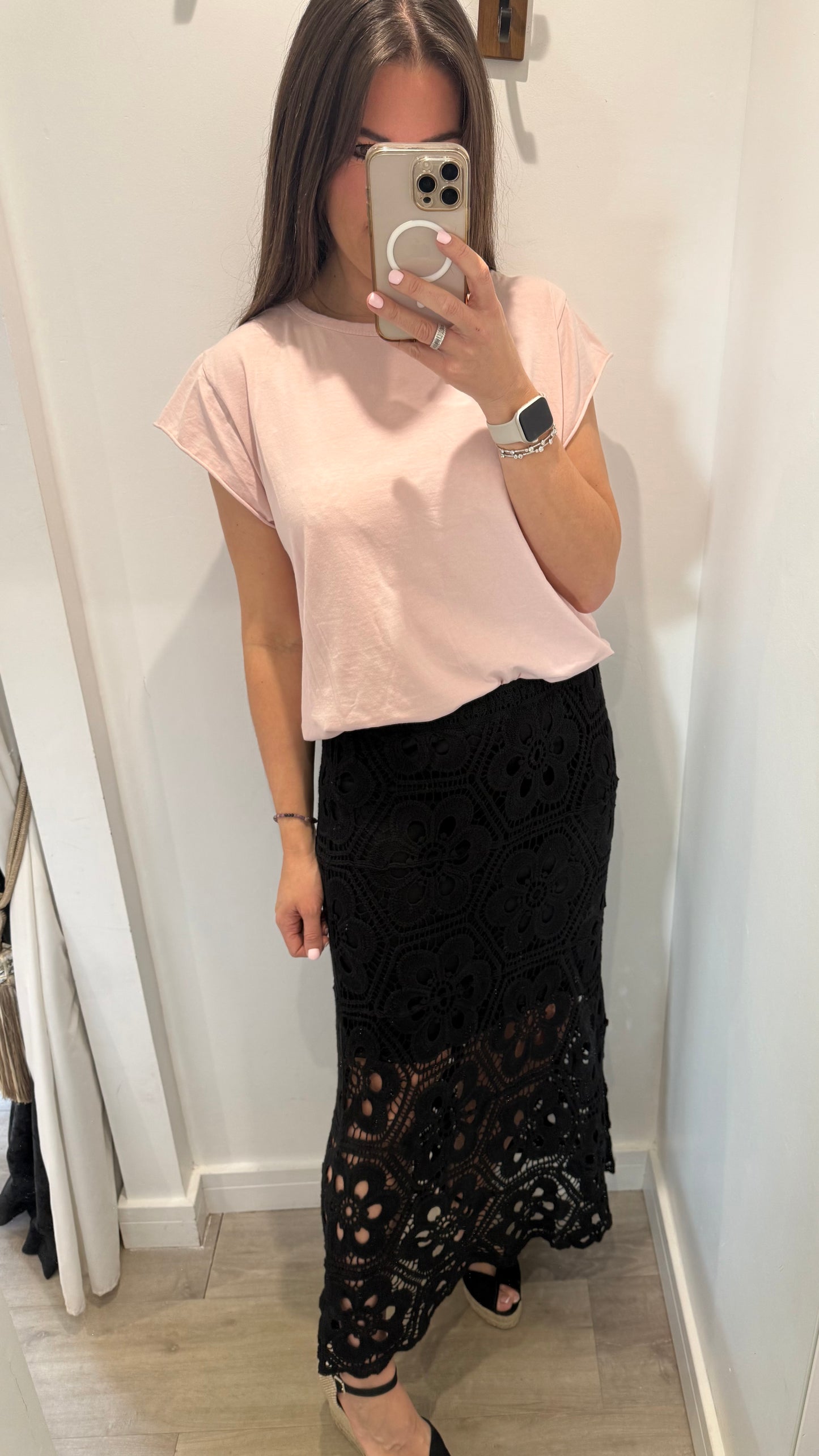 BLACK CROCHET ELASTICATED WAIST SKIRT