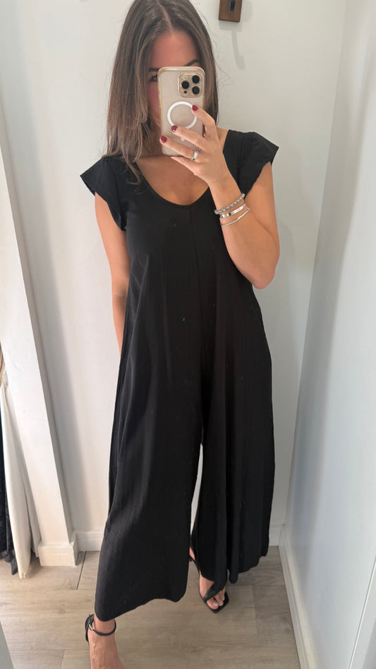 BLACK FRILL SLEEVE TIE-BACK JUMPSUIT