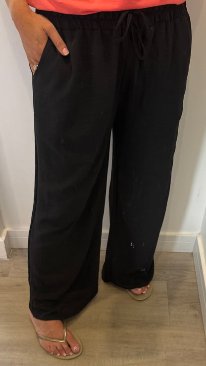BLACK LIGHTWEIGHT DRAWSTRING TROUSERS