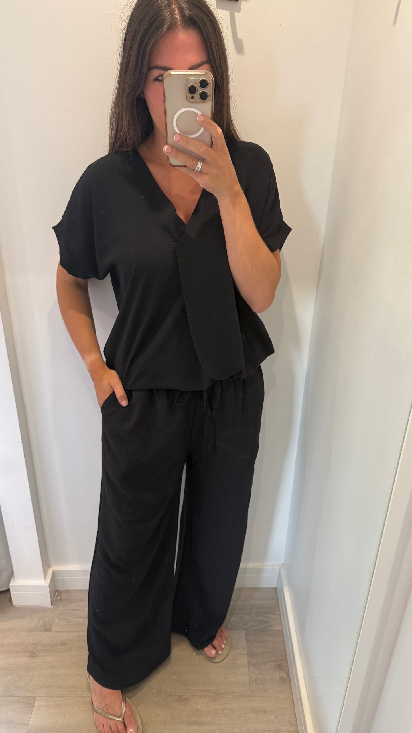 BLACK LIGHTWEIGHT DRAWSTRING TROUSERS