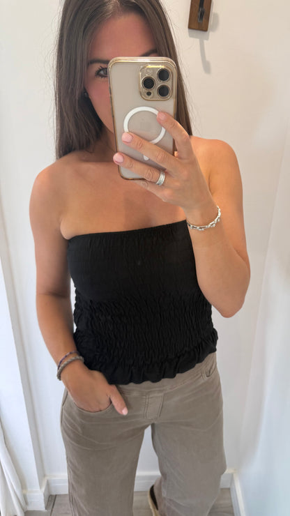 BLACK SHIRRED BOOB TUBE