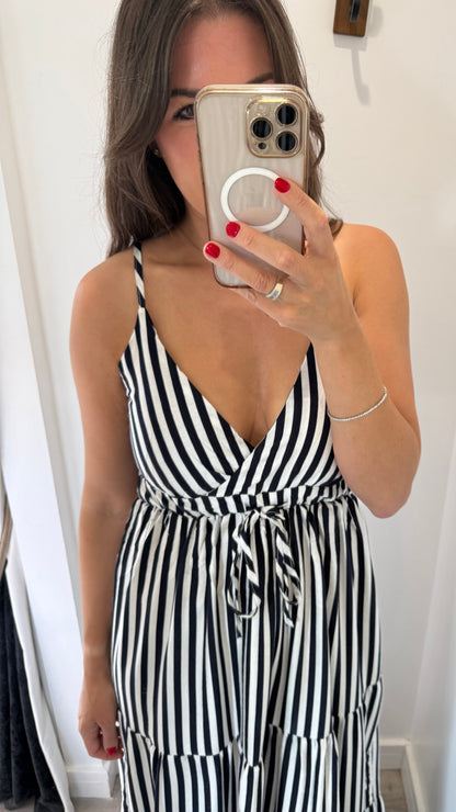 BLACK & WHITE STRIPE TIERED DRESS