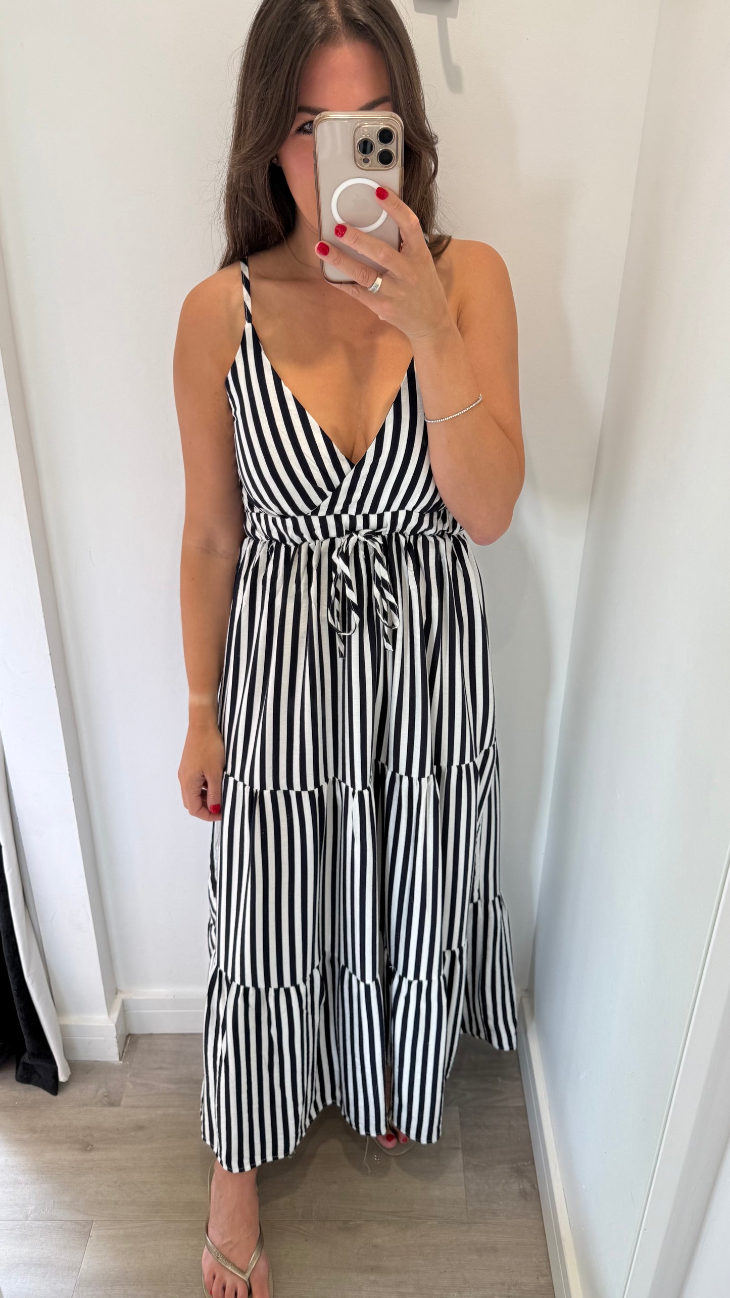 BLACK & WHITE STRIPE TIERED DRESS