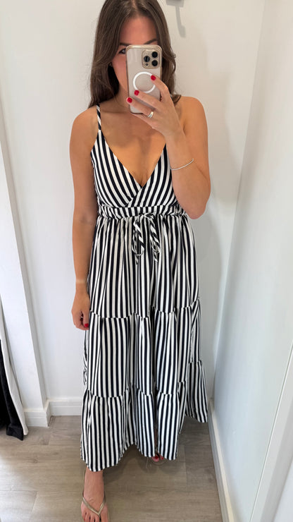 BLACK & WHITE STRIPE TIERED DRESS