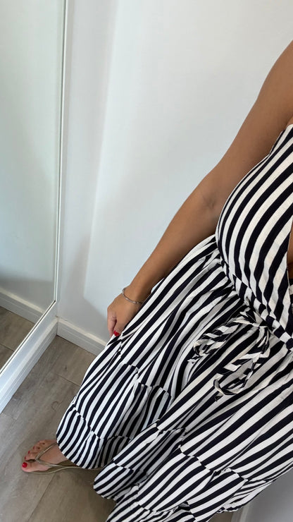 BLACK & WHITE STRIPE TIERED DRESS