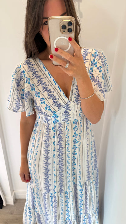 BLUE FLORAL SILKY MAXI DRESS