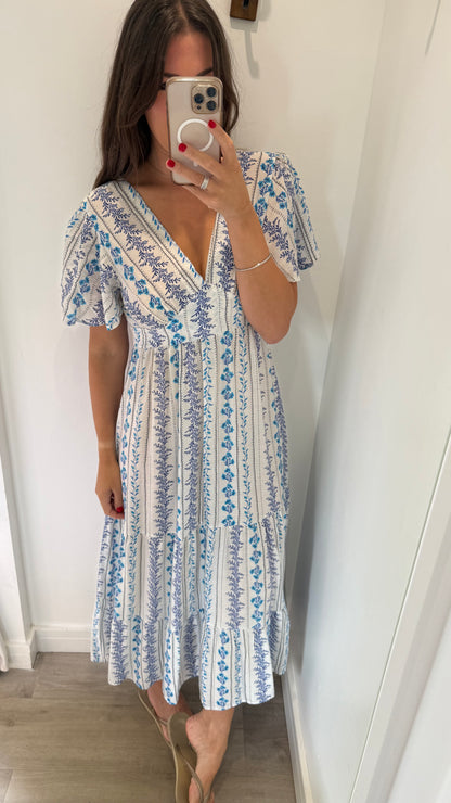 BLUE FLORAL SILKY MAXI DRESS