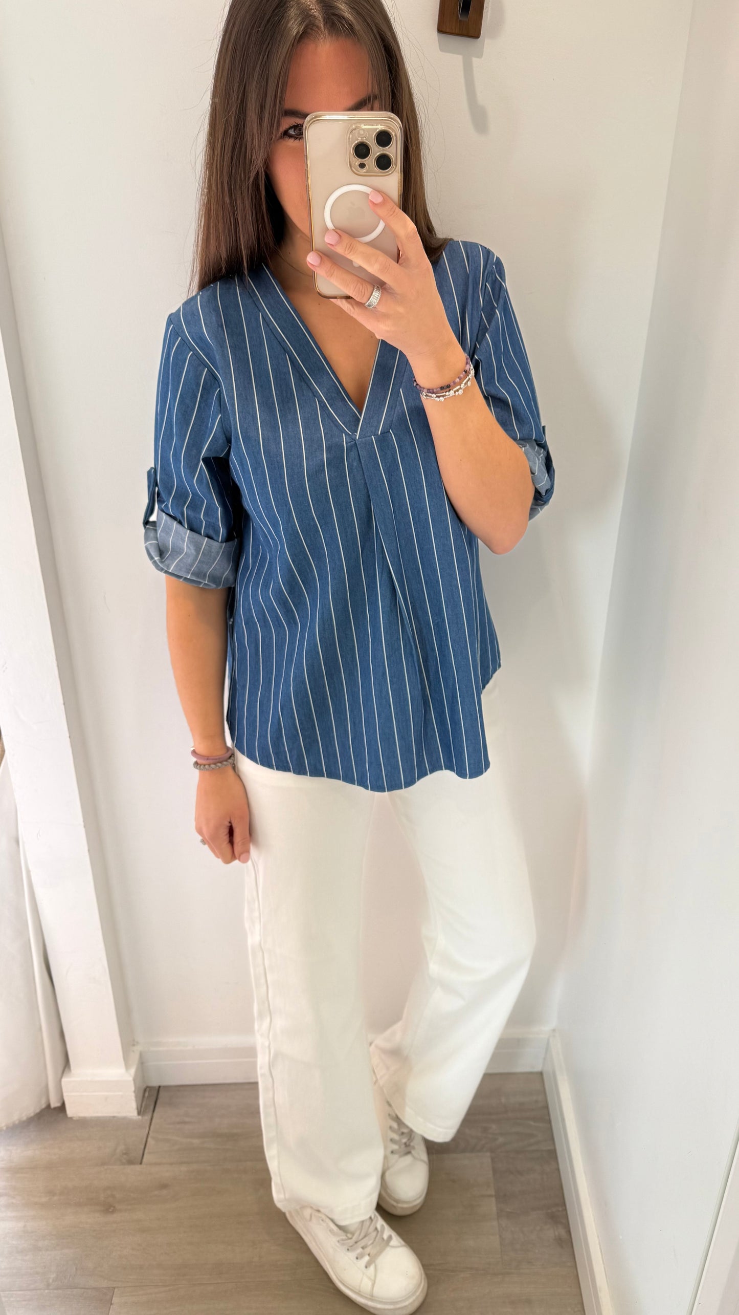BLUE & WHITE STRIPE V-NECK TURN-UP SLEEVE TOP