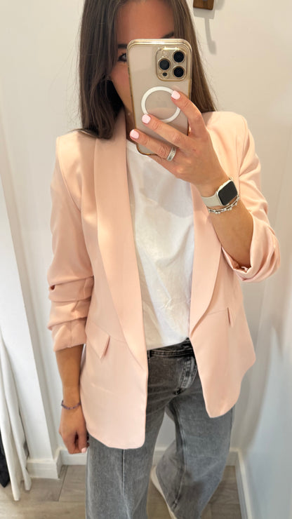 BLUSH PINK RUCHED SLEEVE BLAZER