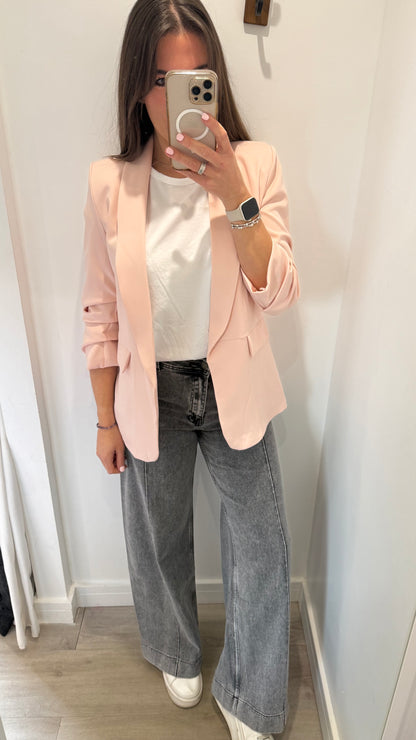 BLUSH PINK RUCHED SLEEVE BLAZER