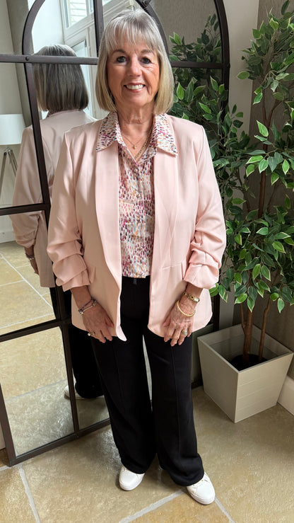 BLUSH PINK RUCHED SLEEVE BLAZER