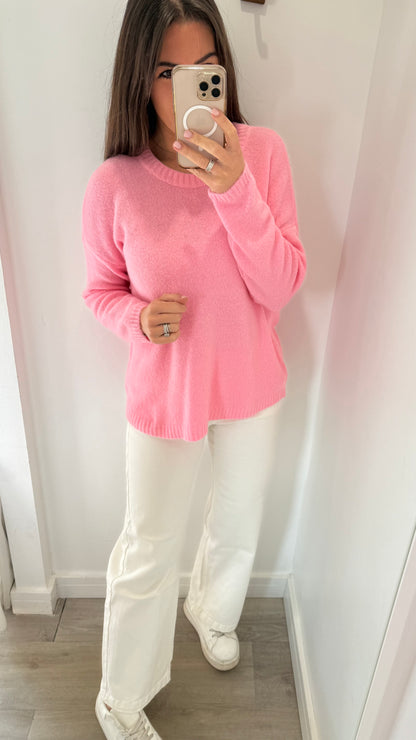 BRIGHT PINK LIGHTWEIGHT ROUND NECK KNIT