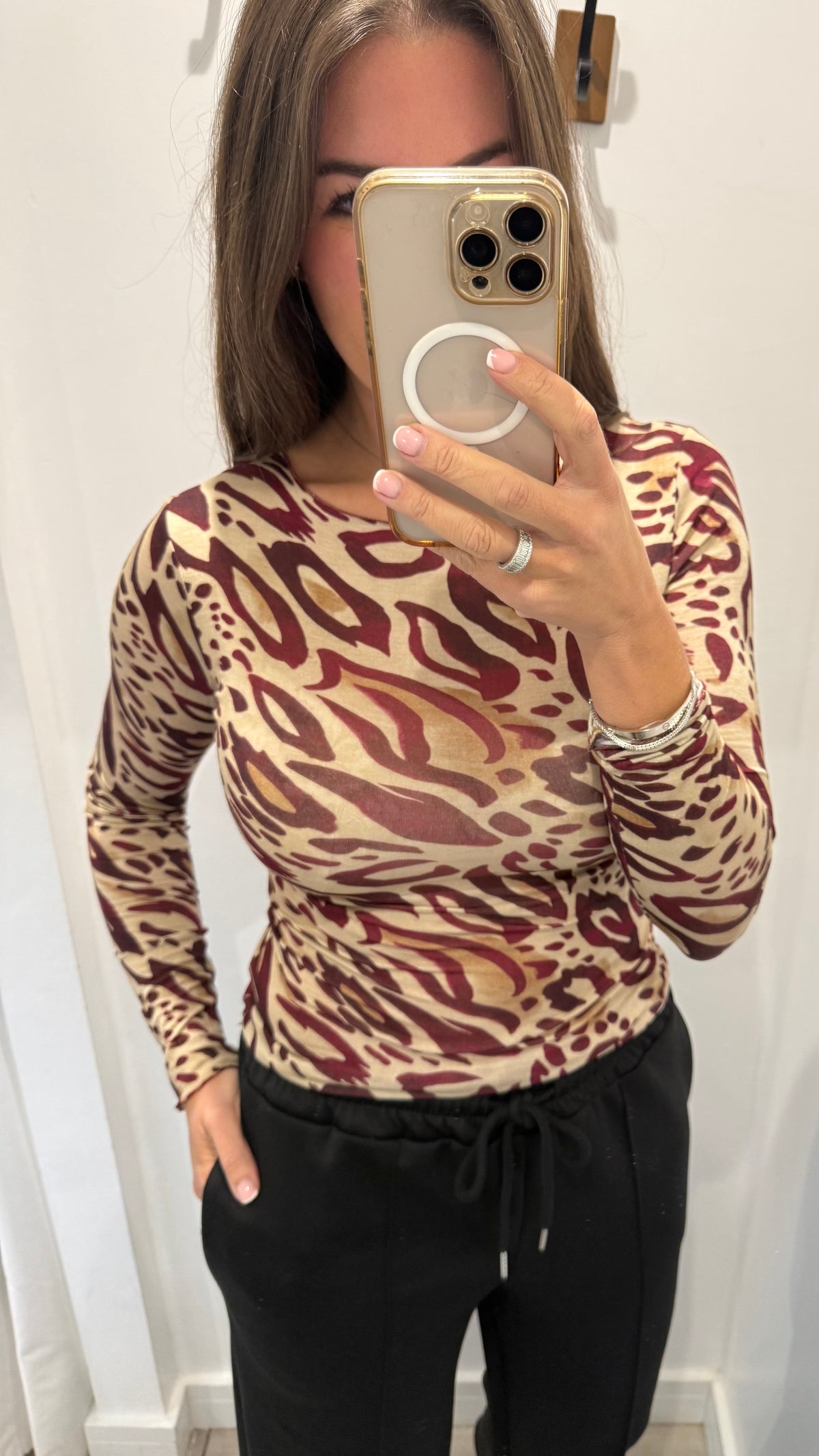 BURGUNDY & NUDE ANIMAL PRINT TOP