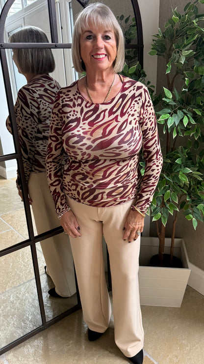 BURGUNDY & NUDE ANIMAL PRINT TOP