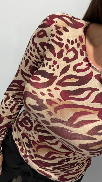 BURGUNDY & NUDE ANIMAL PRINT TOP
