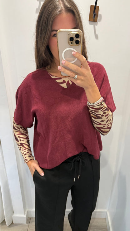 BURGUNDY & NUDE ANIMAL PRINT TOP