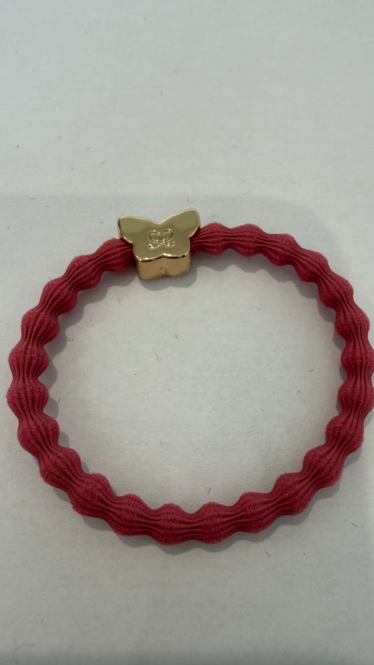 BYELOISE CORAL PINK BANGLE BAND WITH GOLD BUTTERFLY CHARM