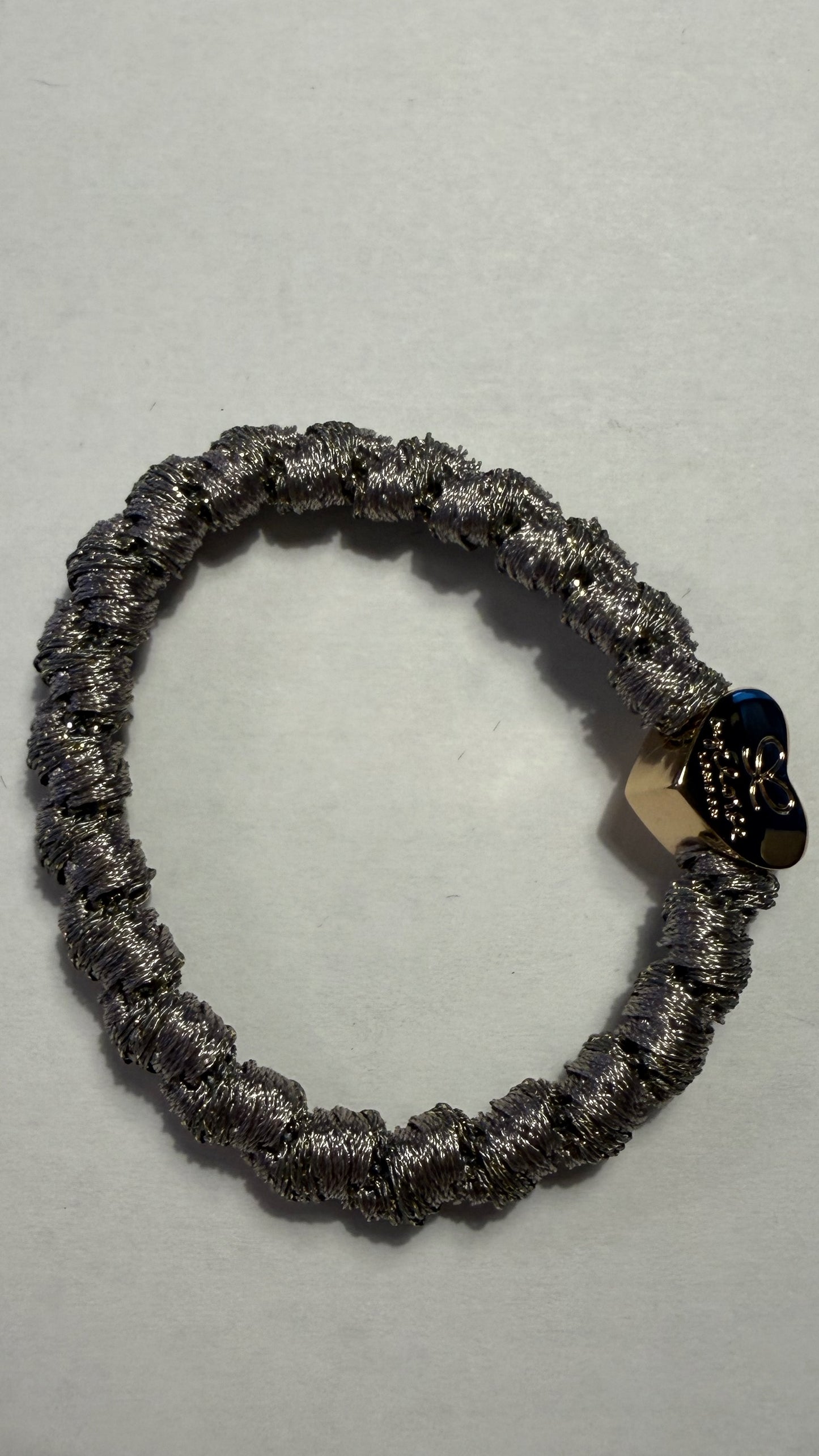 BYELOISE PEBBLE GREY WOVEN METALLIC SILK BAND WITH GOLD HEART CHARM