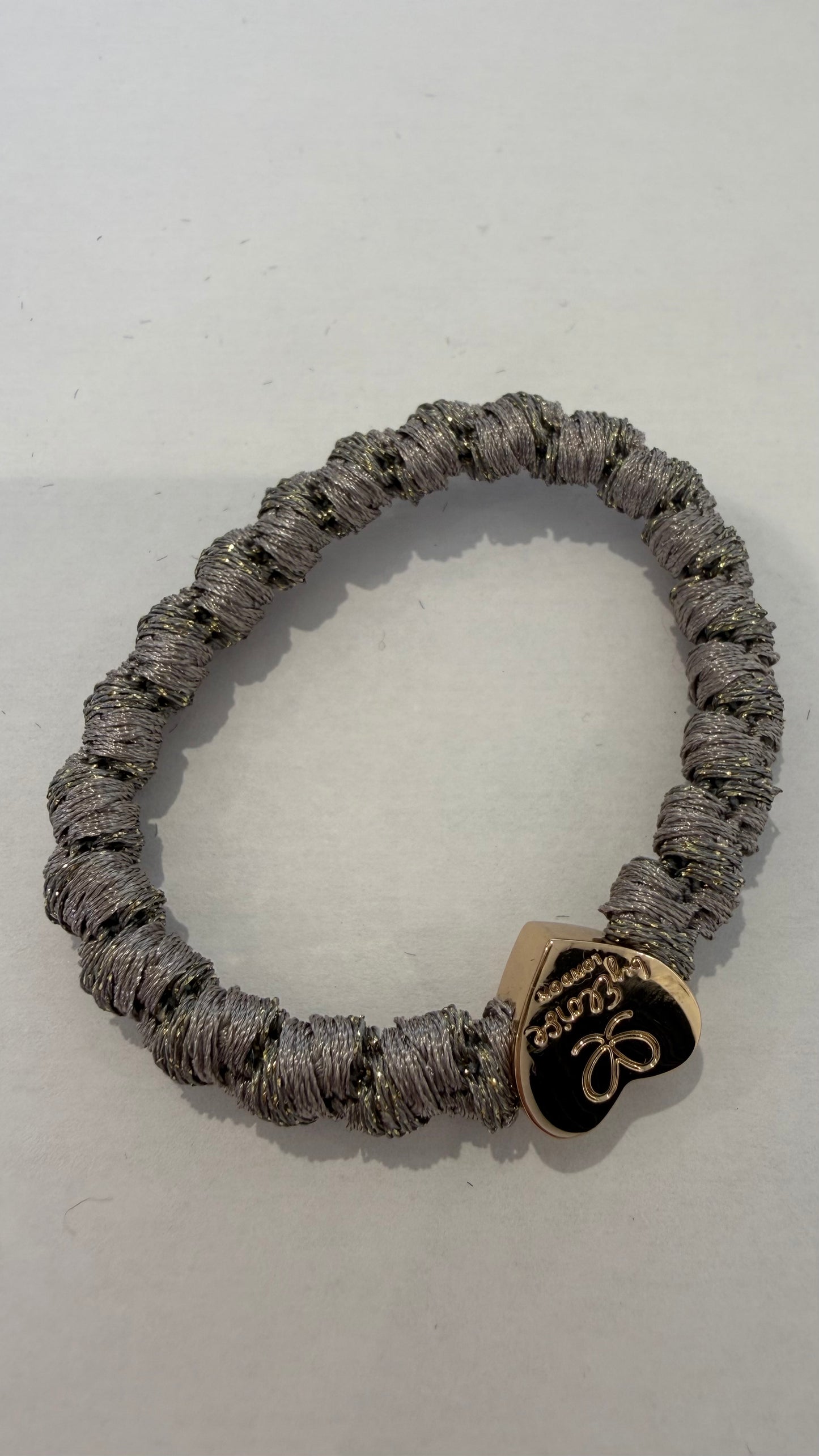 BYELOISE PEBBLE GREY WOVEN METALLIC SILK BAND WITH GOLD HEART CHARM
