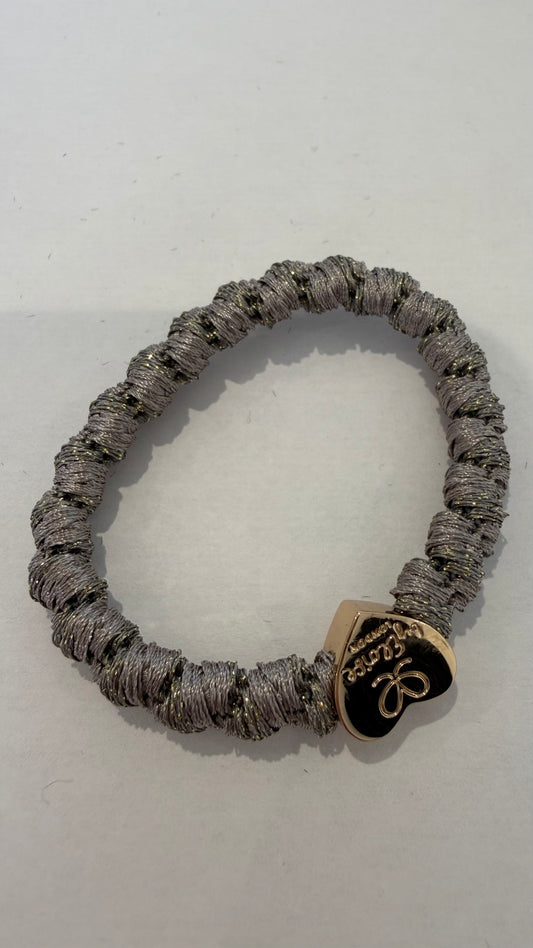 BYELOISE PEBBLE GREY WOVEN METALLIC SILK BAND WITH GOLD HEART CHARM