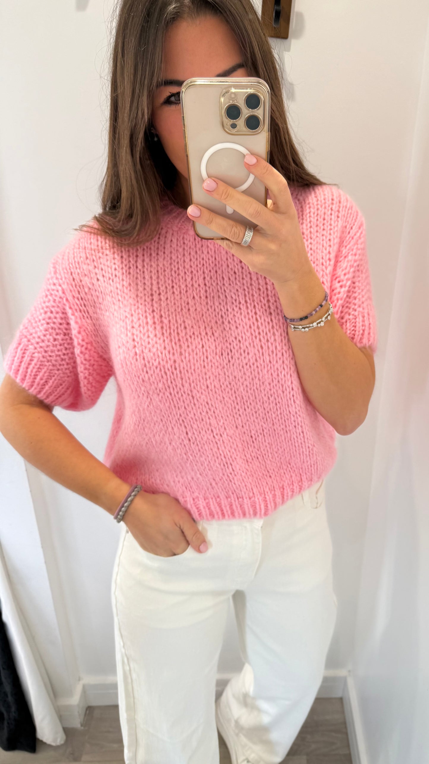 BABY PINK EASY KNIT SHORT-SLEEVE TOP