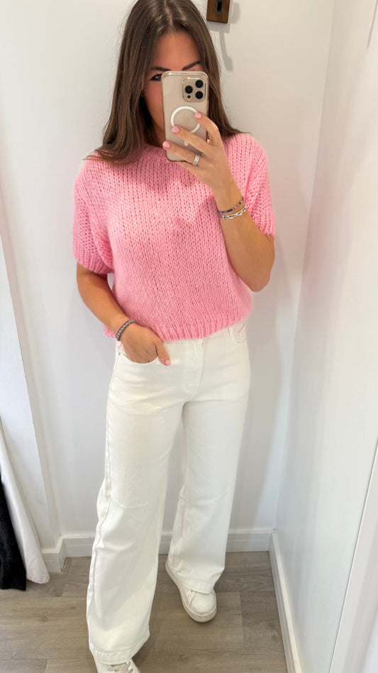 BABY PINK EASY KNIT SHORT-SLEEVE TOP