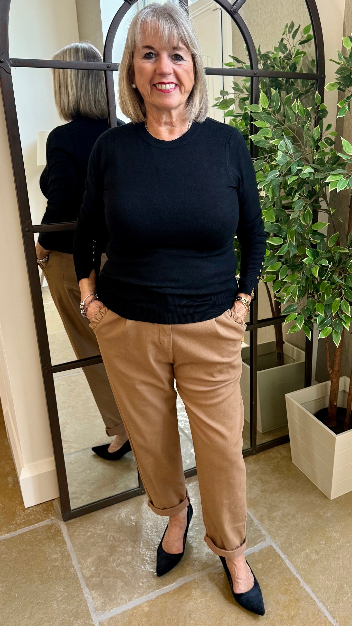 BLACK ROUND NECK JUMPER WITH GOLD BUTTON CUFFS