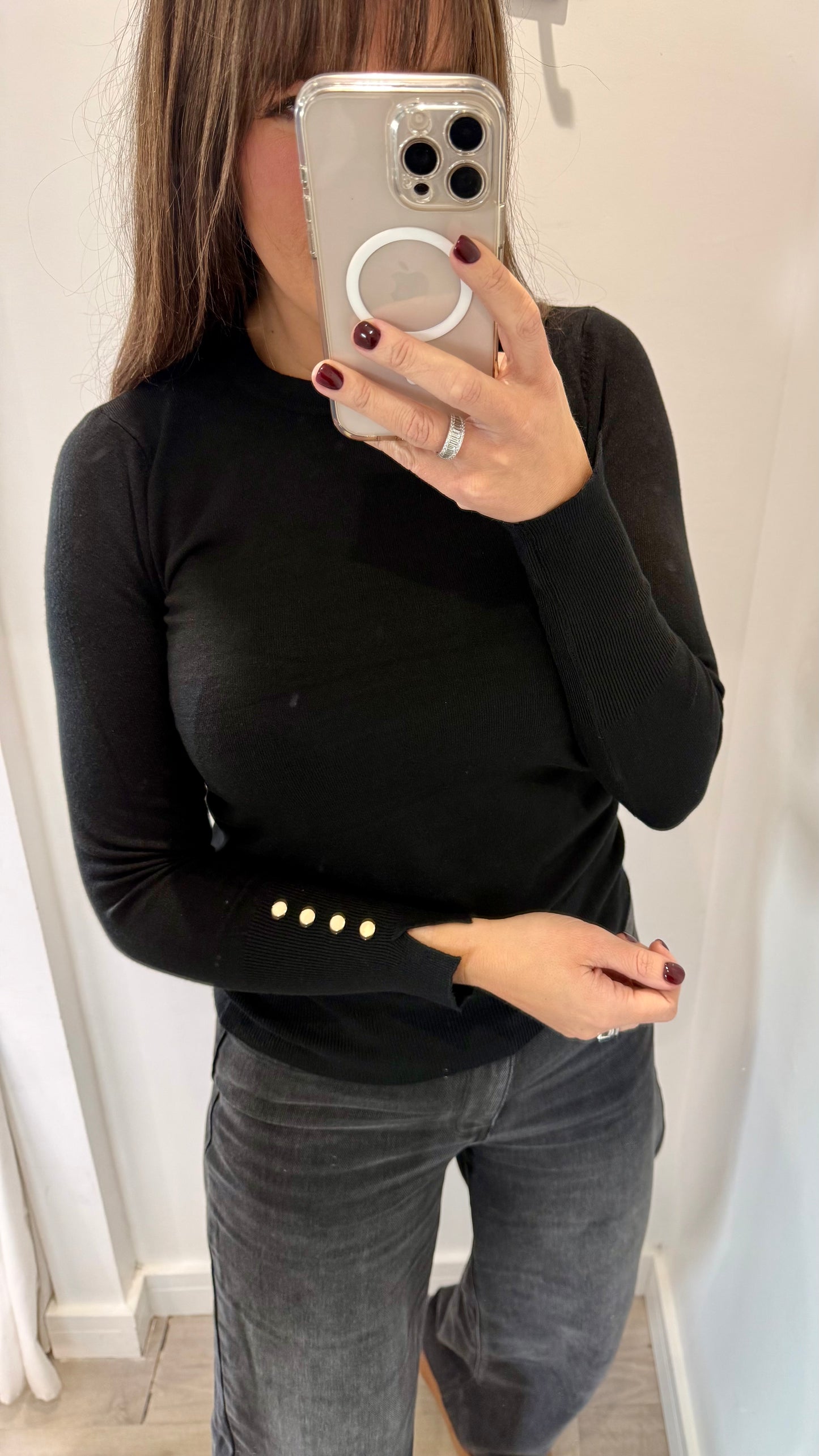 BLACK ROUND NECK JUMPER WITH GOLD BUTTON CUFFS