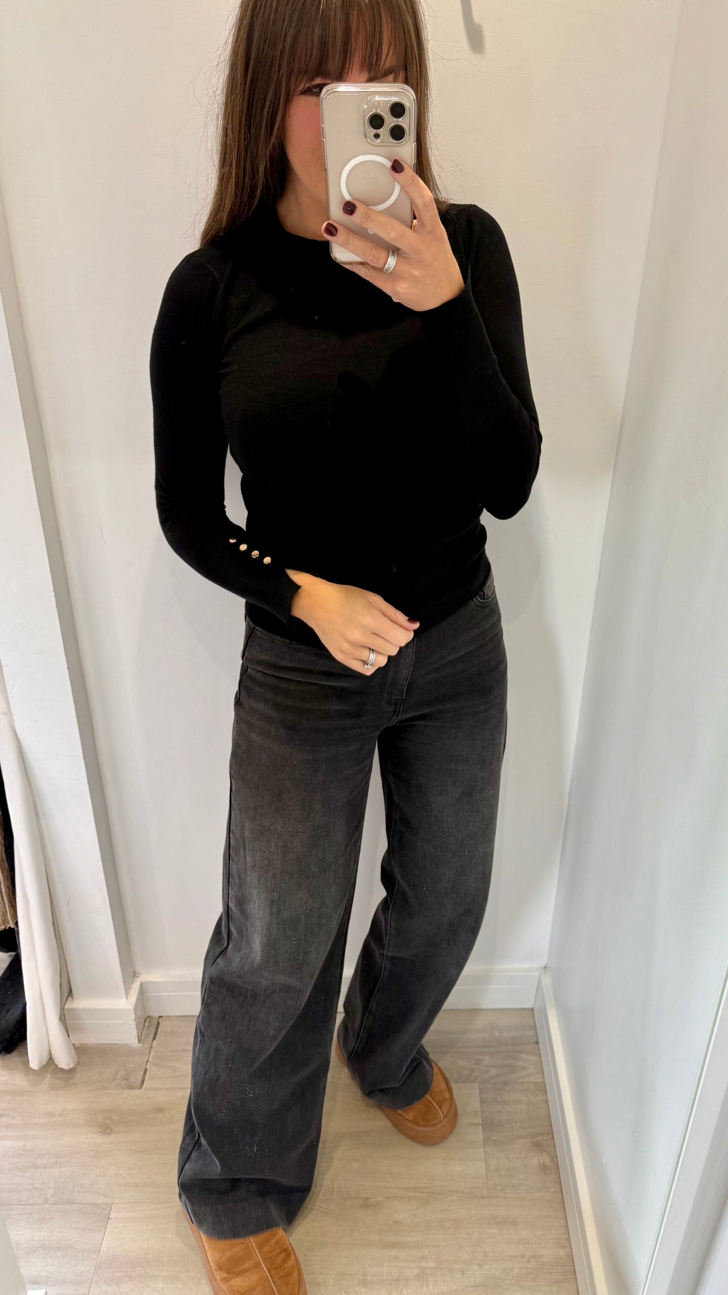 BLACK ROUND NECK JUMPER WITH GOLD BUTTON CUFFS