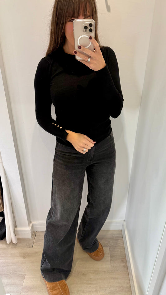 BLACK ROUND NECK JUMPER WITH GOLD BUTTON CUFFS