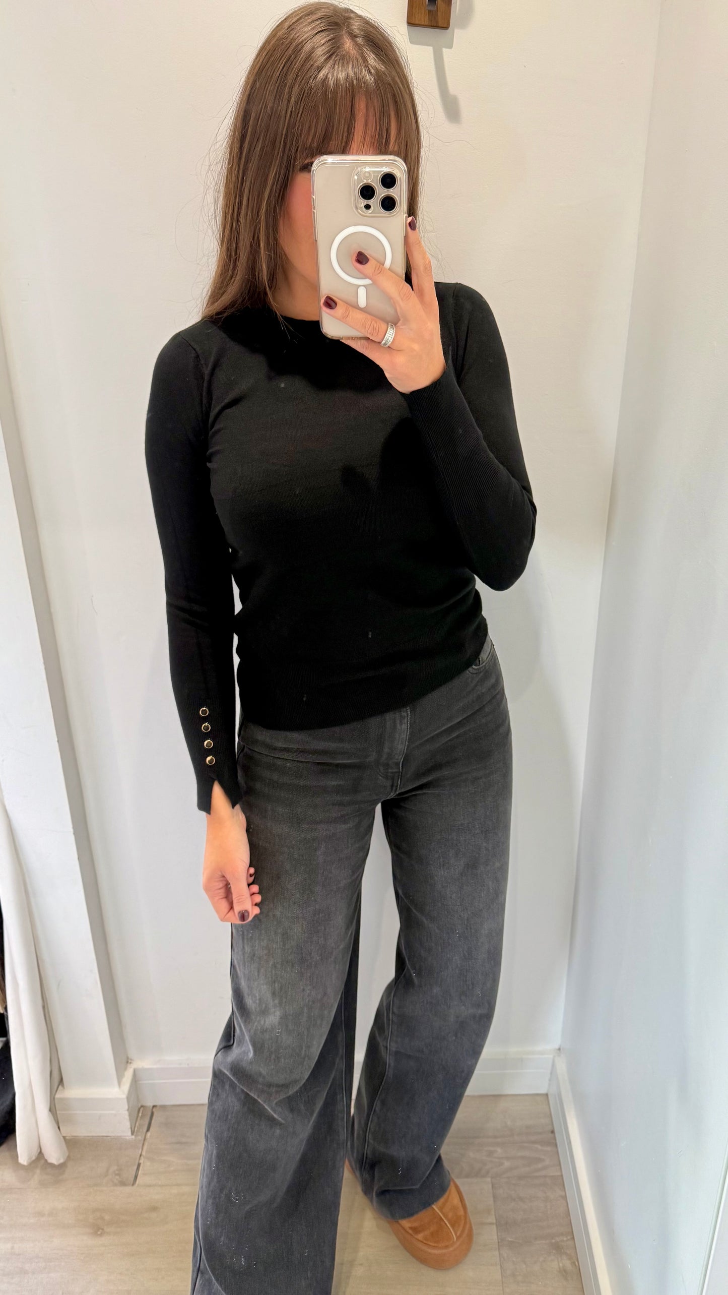 BLACK ROUND NECK JUMPER WITH GOLD BUTTON CUFFS