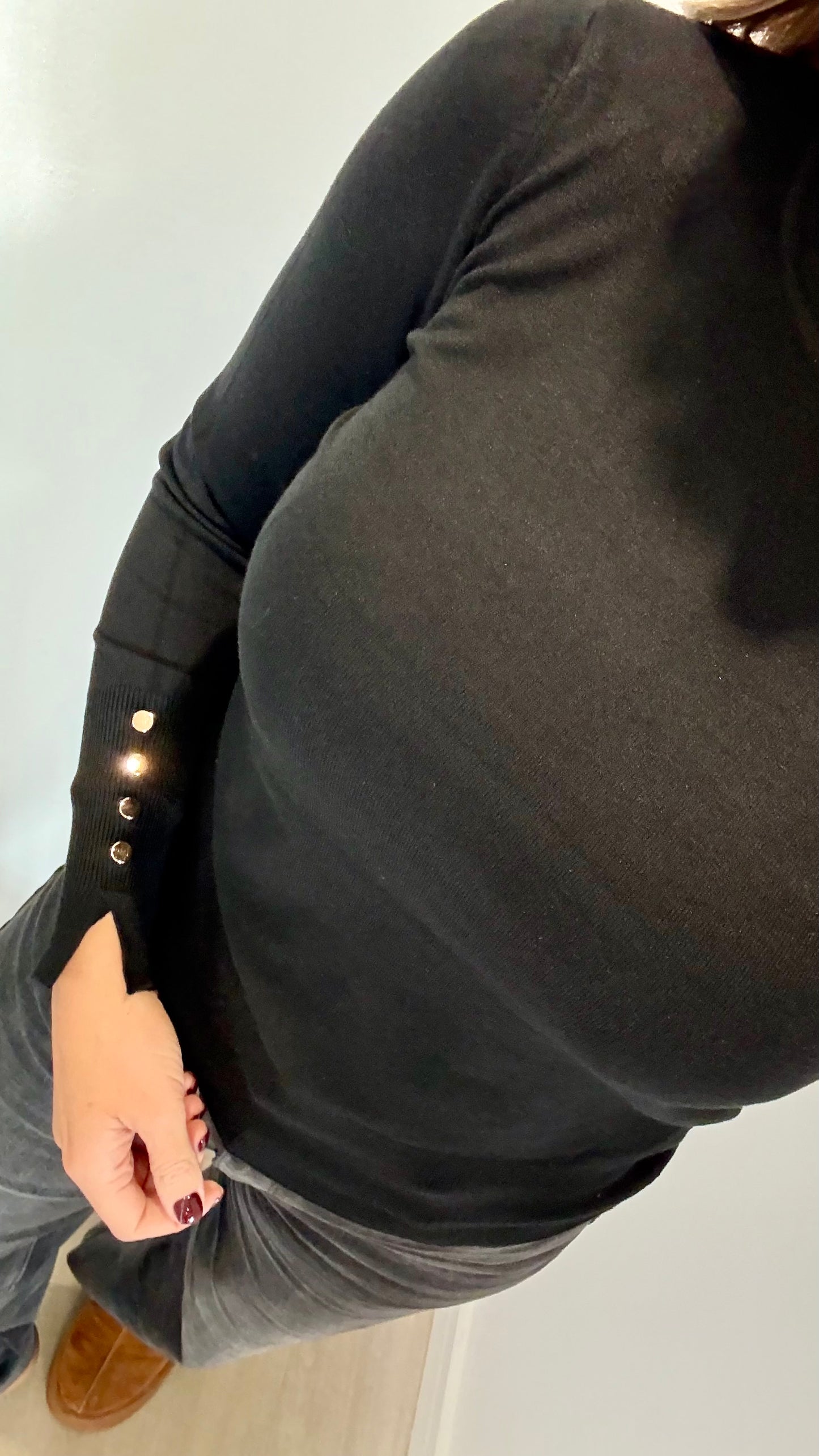 BLACK ROUND NECK JUMPER WITH GOLD BUTTON CUFFS