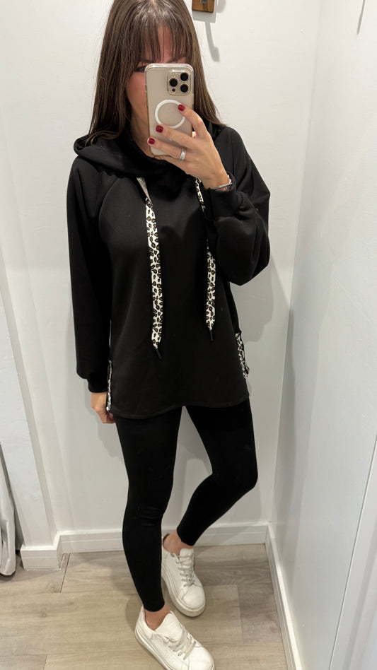 BLACK HOODIE WITH LEOPARD DETAIL