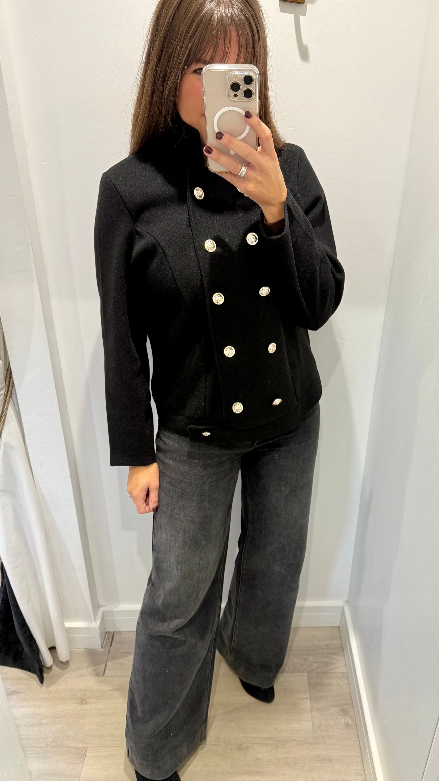 BLACK MILITARY STYLE JACKET WITH SILVER BUTTONS