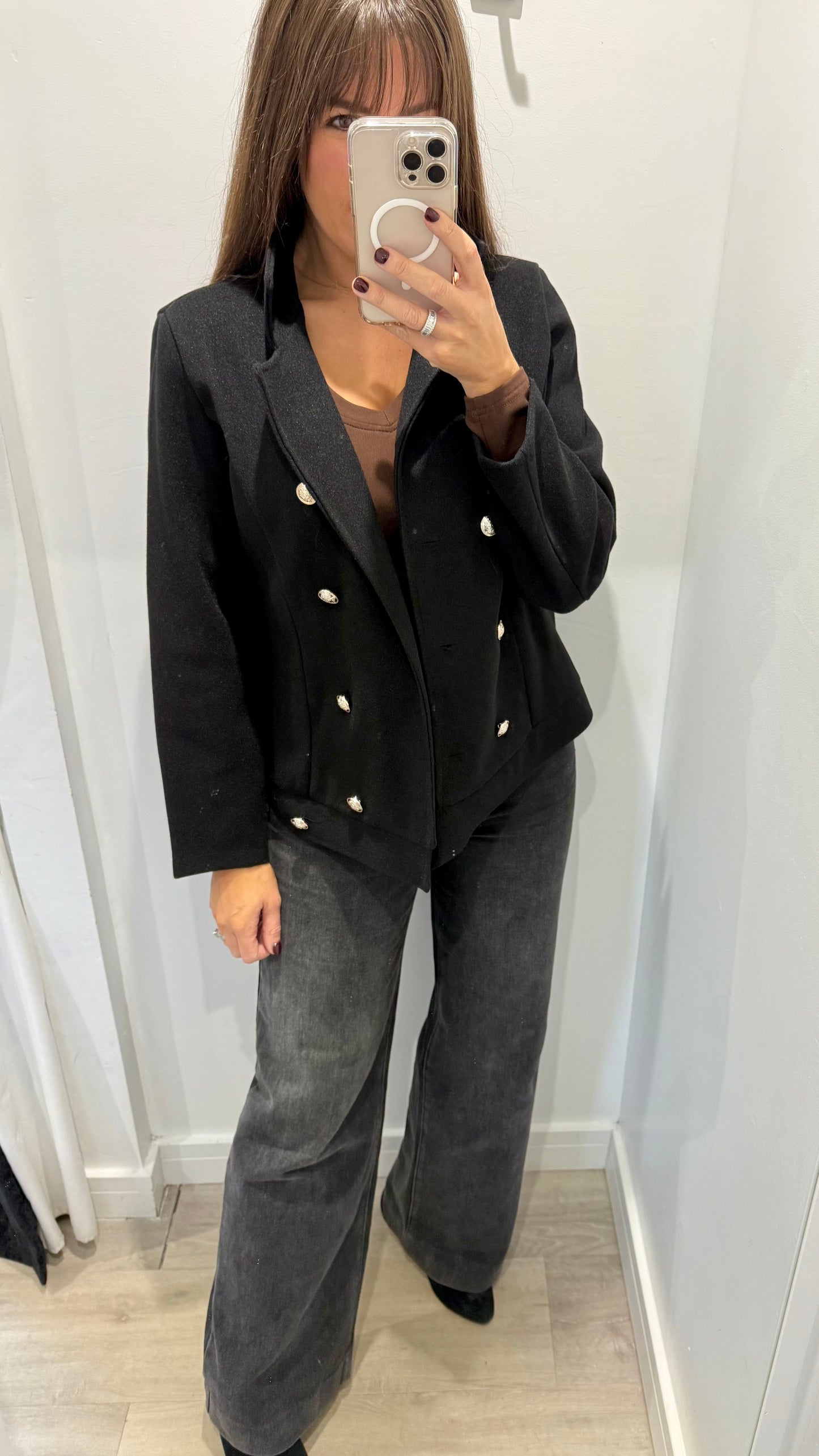 BLACK MILITARY STYLE JACKET WITH SILVER BUTTONS