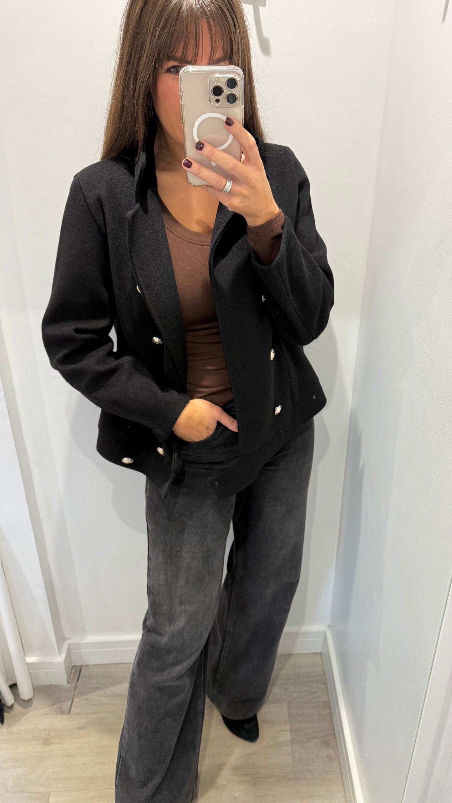 BLACK MILITARY STYLE JACKET WITH SILVER BUTTONS