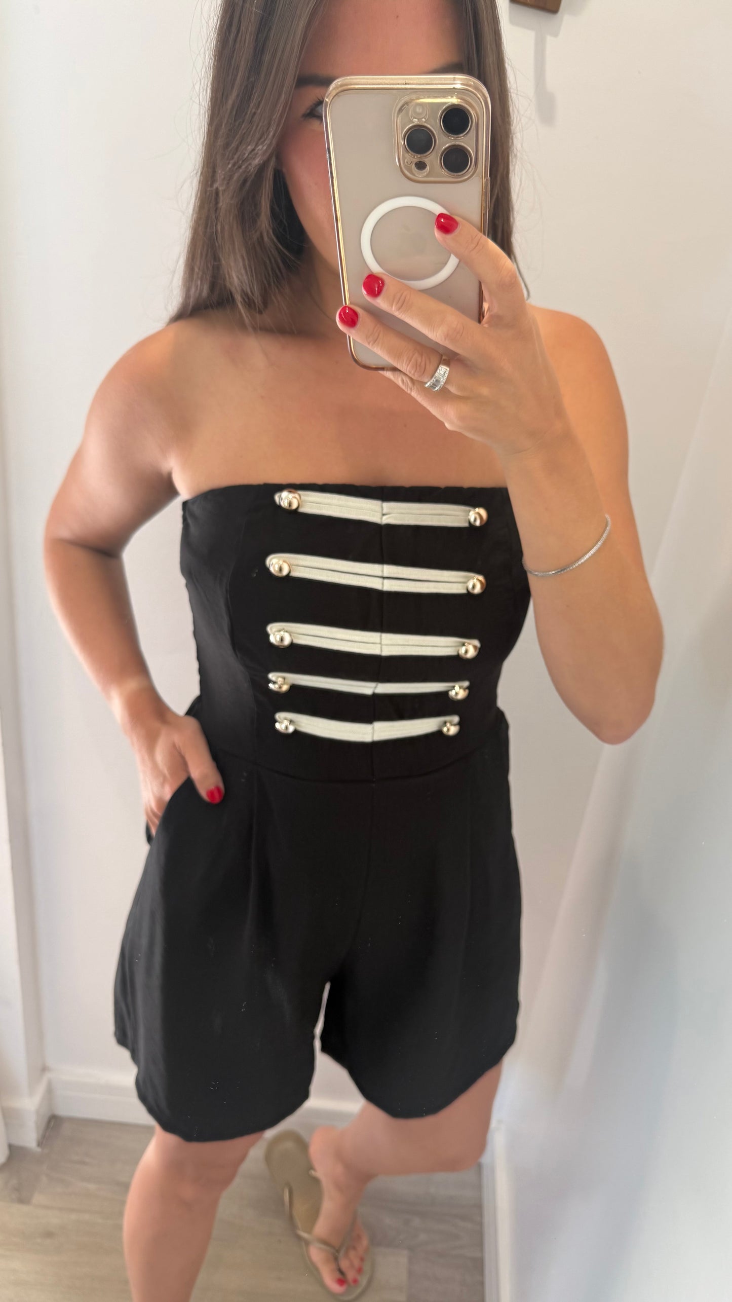 BLACK MILITARY DETAIL BANDEAU PLAYSUIT