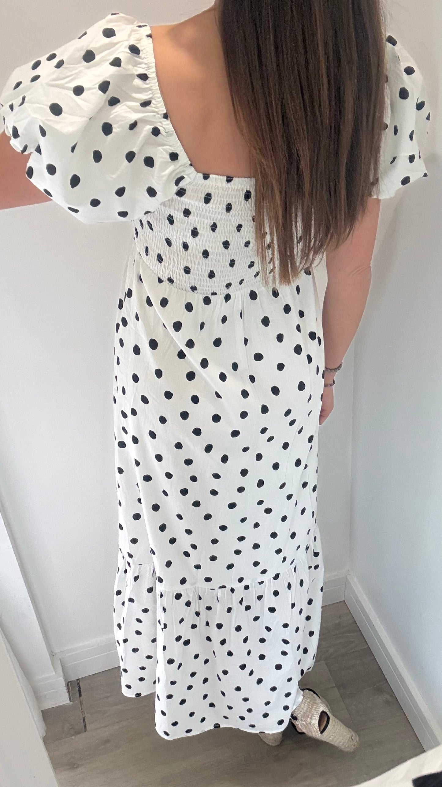 BLACK POLKA DOT SHIRRED MIDI DRESS
