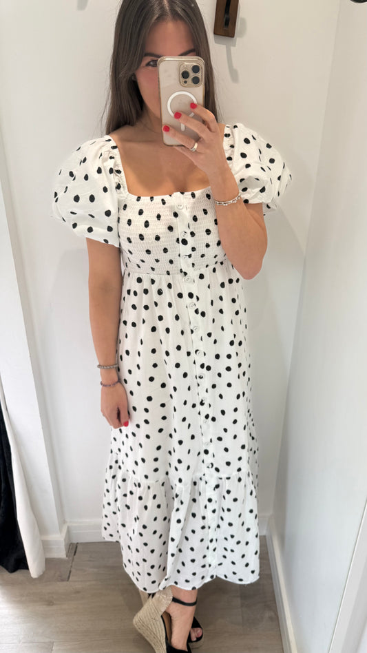 BLACK POLKA DOT SHIRRED MIDI DRESS