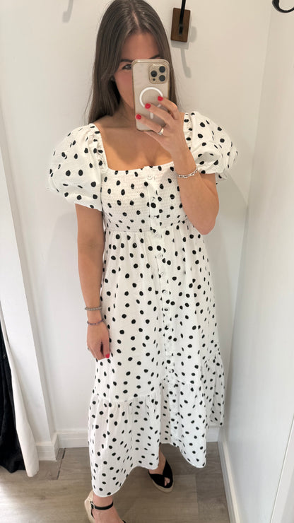 BLACK POLKA DOT SHIRRED MIDI DRESS